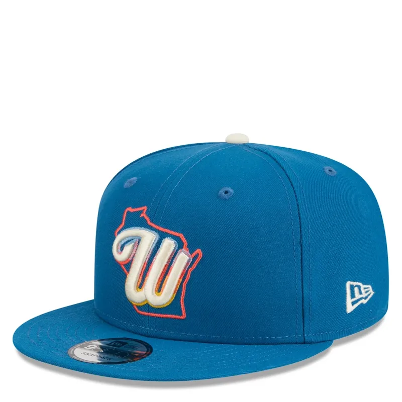 Milwaukee Brewers 2026 City Connect 9FIFTY snapback hat industrial blue angled front view