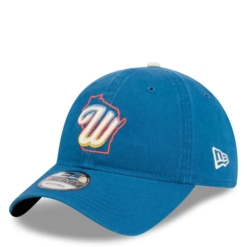 Milwaukee Brewers 2026 City Connect 9TWENTY hat in industrial blue angled front view