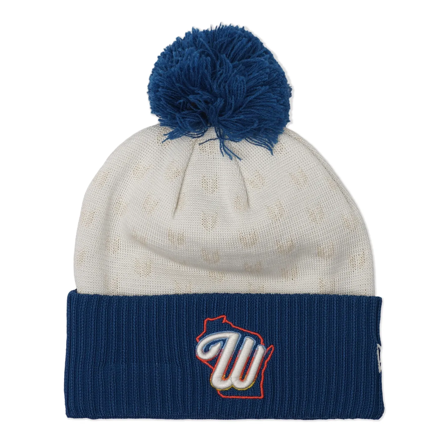 Front view of Brewers City Connect knit beanie with pom and embroidered W patch