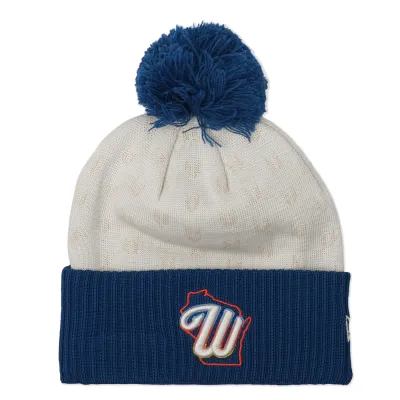 Front view of Brewers City Connect knit beanie with pom and embroidered W patch