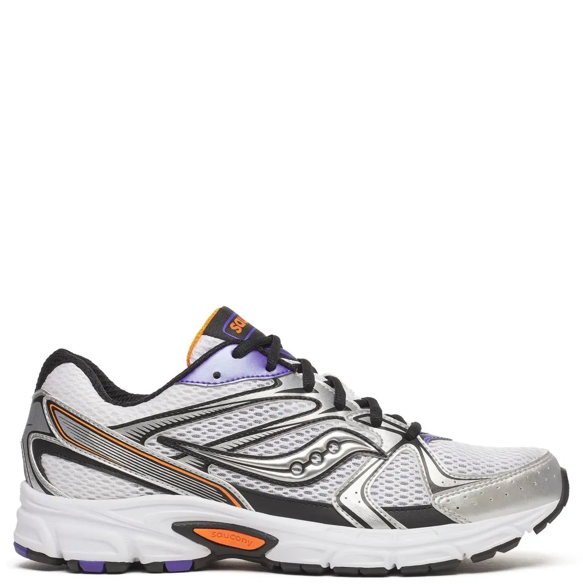 Lateral side view of Saucony Ride Millennium in white mesh with silver overlays and purple accents.