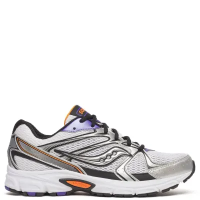 Lateral side view of Saucony Ride Millennium in white mesh with silver overlays and purple accents.