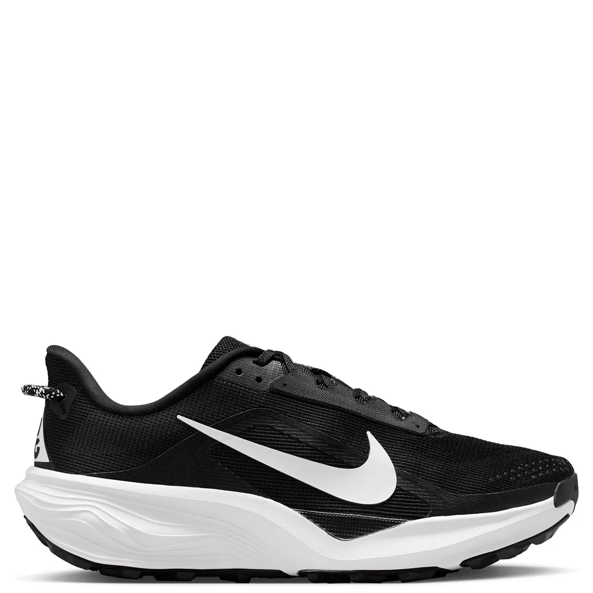 Medial side view of Nike ACG Pegasus Trail in black with oversized white Swoosh and trail-ready sole.