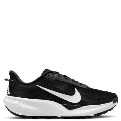 Medial side view of Nike ACG Pegasus Trail in black with oversized white Swoosh and trail-ready sole.