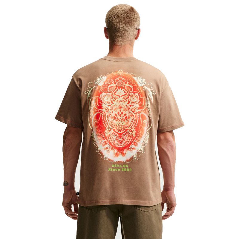 Back view of brown Nike SB t-shirt with large intricate red and white graphic design