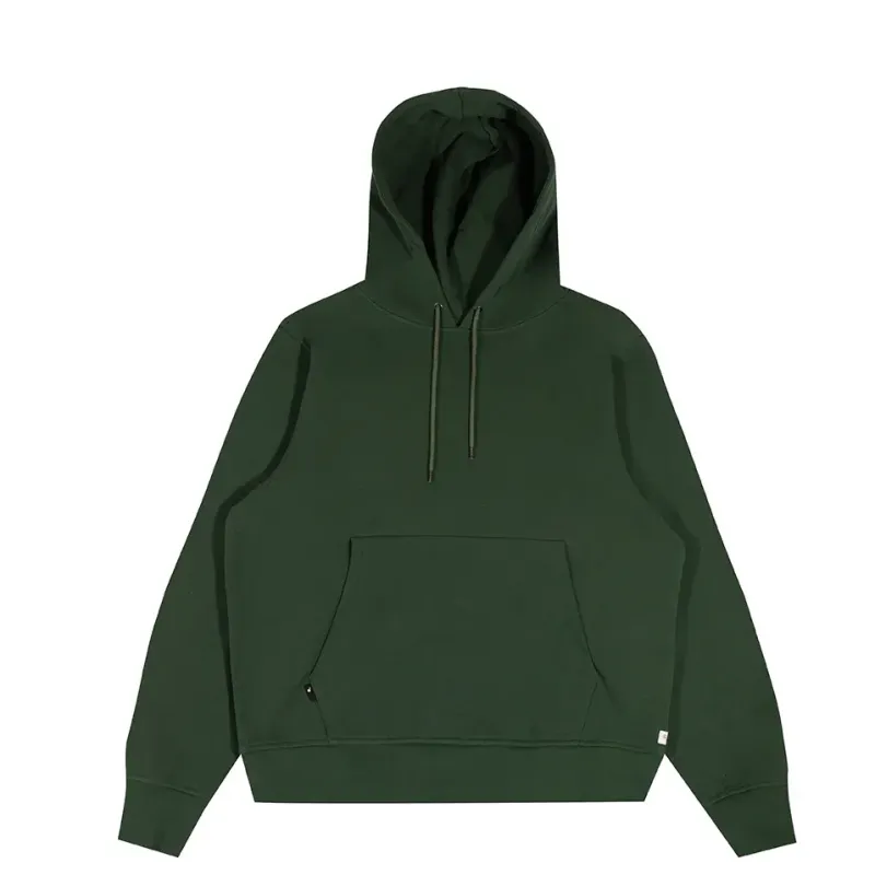 Front view of forest green hoodie with kangaroo pocket and drawcord hood