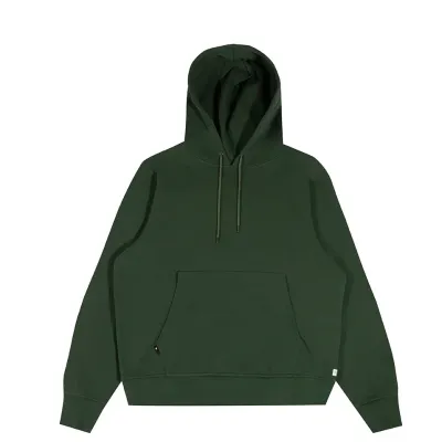 Front view of forest green hoodie with kangaroo pocket and drawcord hood