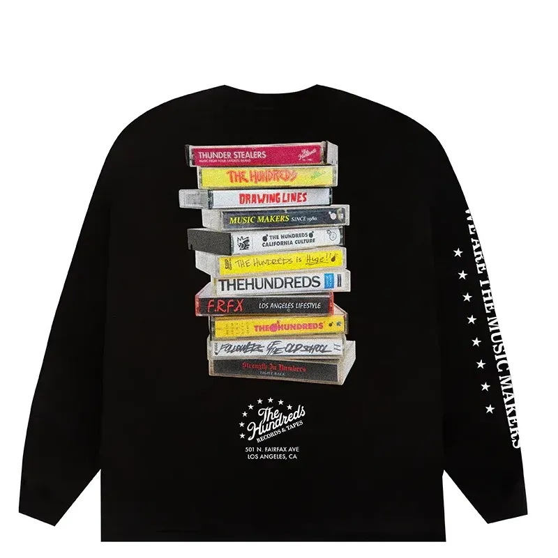 Back view of black long sleeve tee with stacked cassette tape graphic