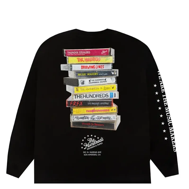 Back view of black long sleeve tee with stacked cassette tape graphic