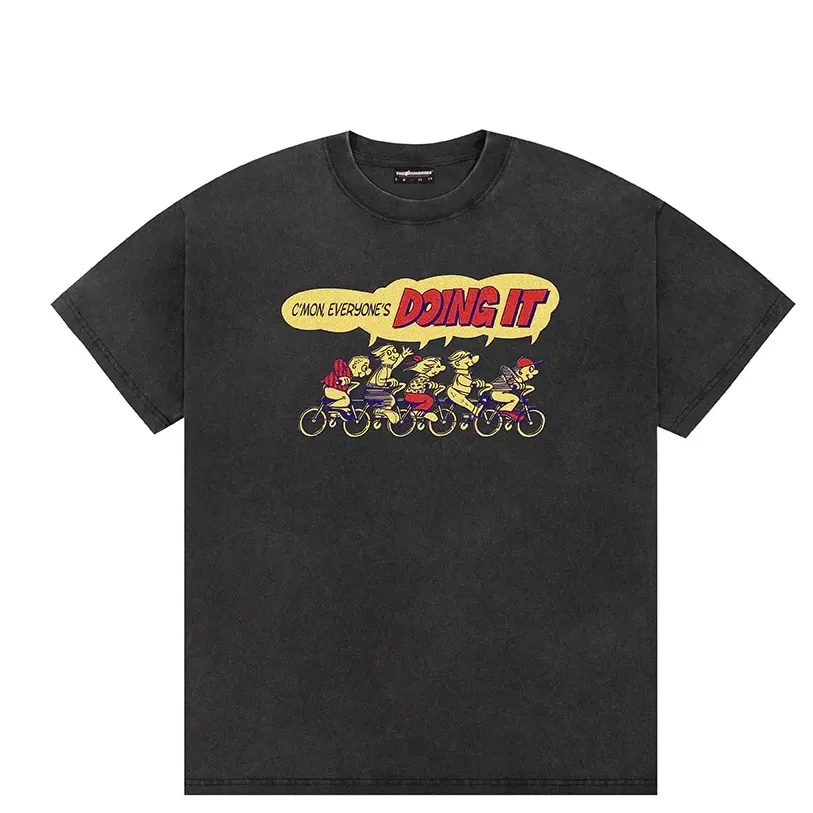 Front view of washed black tee with colorful cartoon group cycling graphic