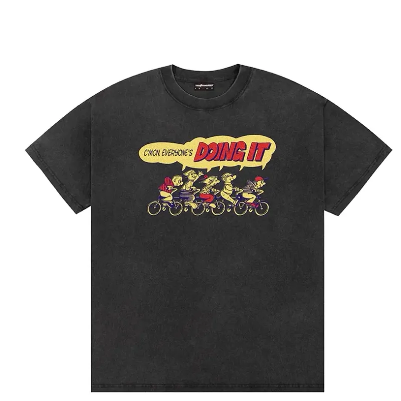 Front view of washed black tee with colorful cartoon group cycling graphic