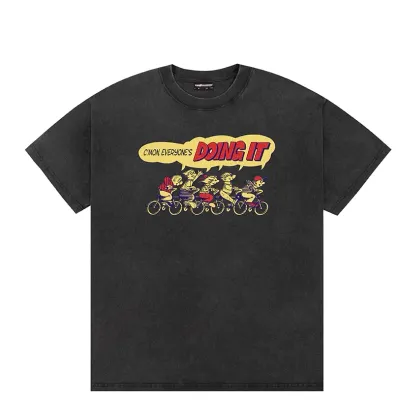 Front view of washed black tee with colorful cartoon group cycling graphic