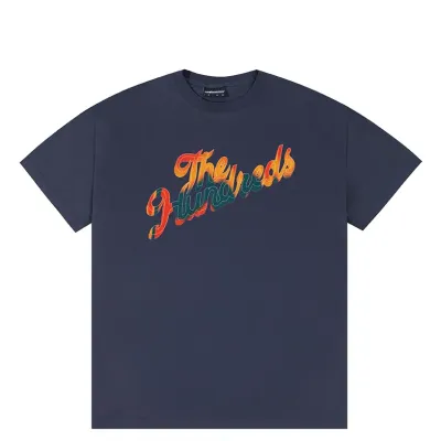 Front view of navy t-shirt with multicolor The Hundreds slanted logo graphic