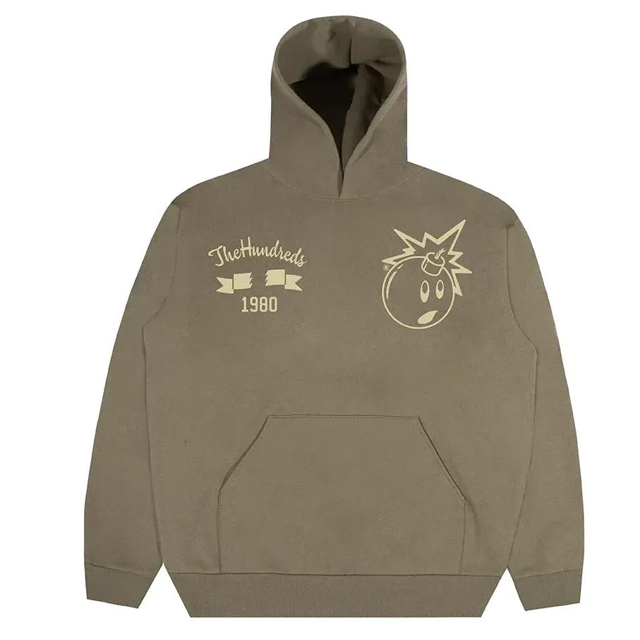 Front view of olive hoodie with The Hundreds chest graphic and bomb logo