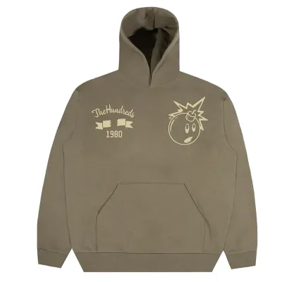 Front view of olive hoodie with The Hundreds chest graphic and bomb logo