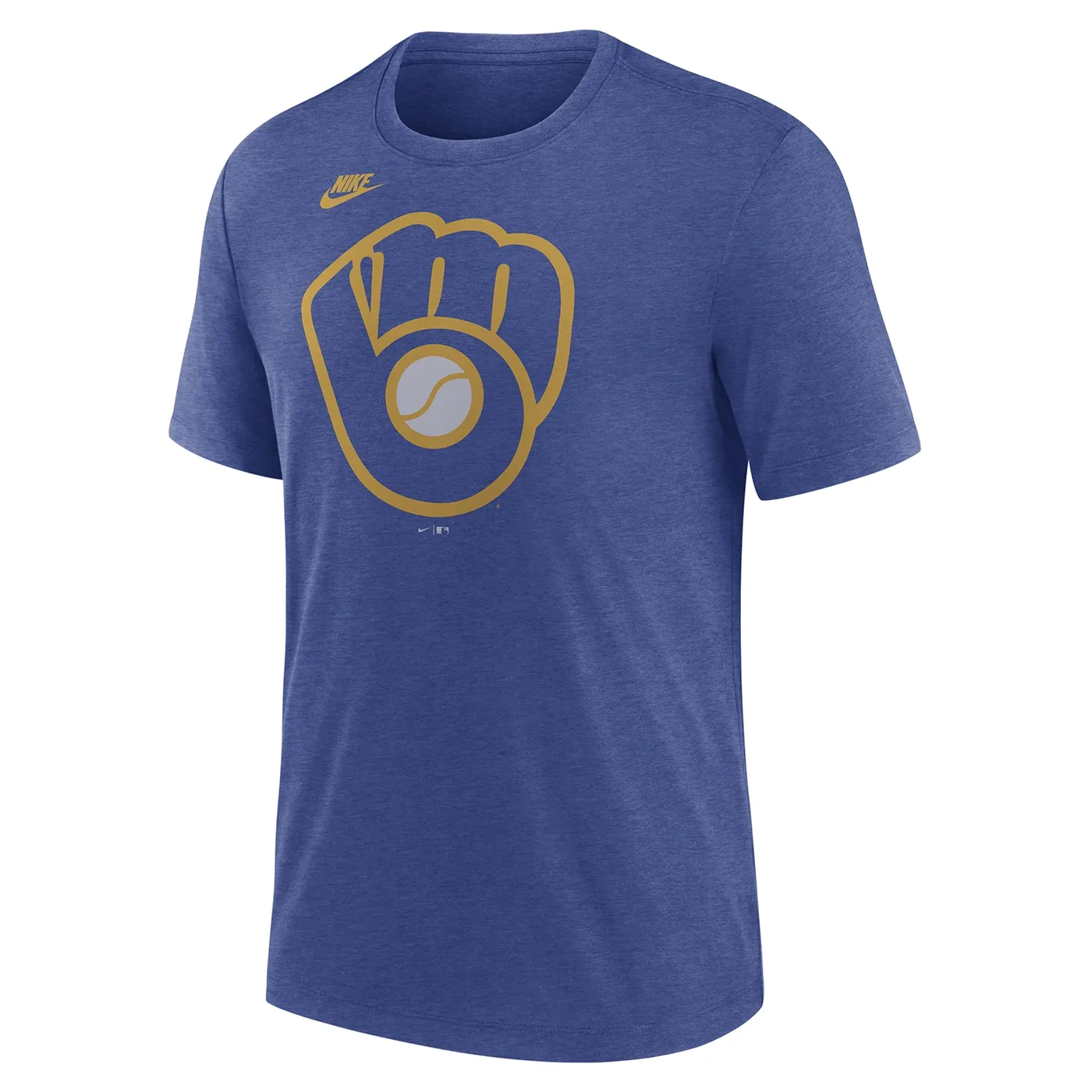 Front view of Nike Milwaukee Brewers Overclocked tee in blue with large glove logo graphic