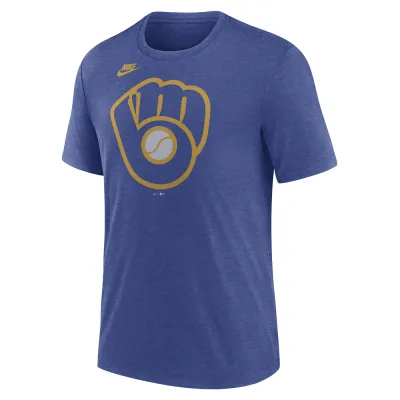 Front view of Nike Milwaukee Brewers Overclocked tee in blue with large glove logo graphic