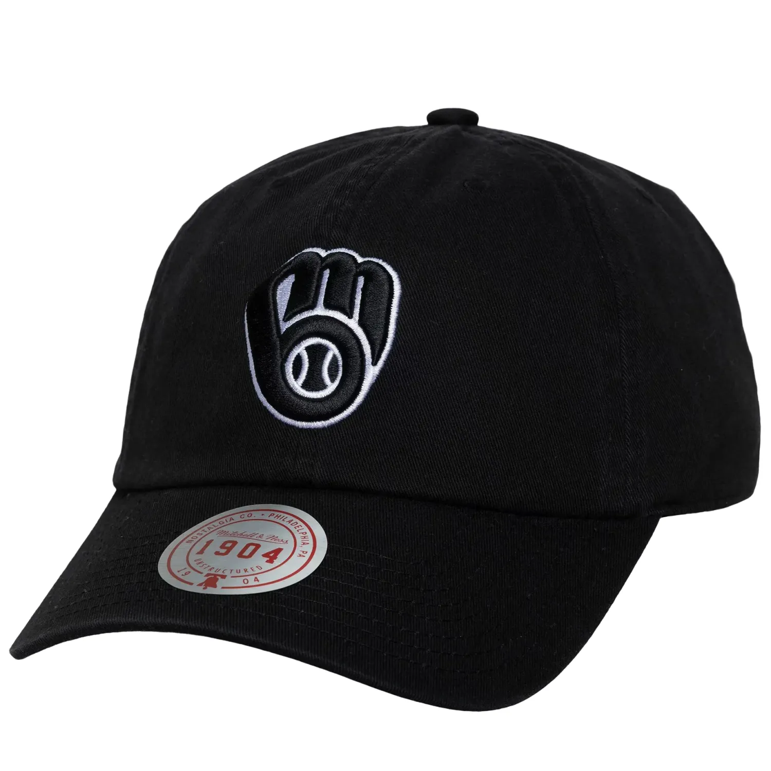 Front view of black Brewers strapback hat with white embroidered glove logo