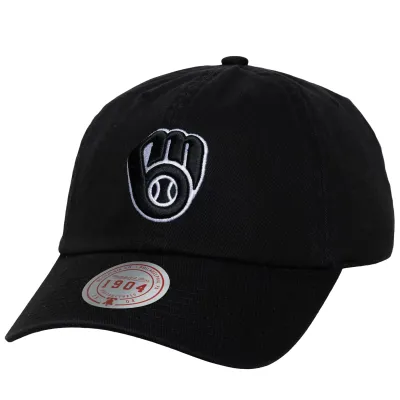 Front view of black Brewers strapback hat with white embroidered glove logo