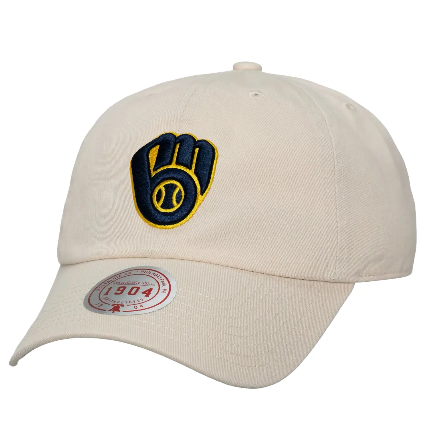 Front view of cream Brewers strapback hat with embroidered glove logo on crown