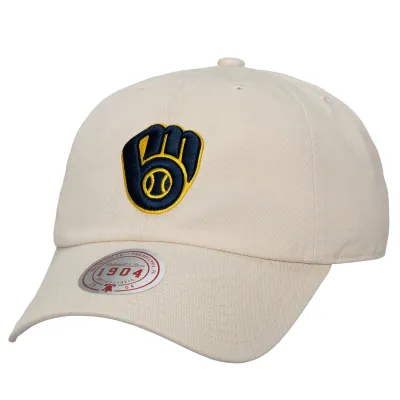 Front view of cream Brewers strapback hat with embroidered glove logo on crown