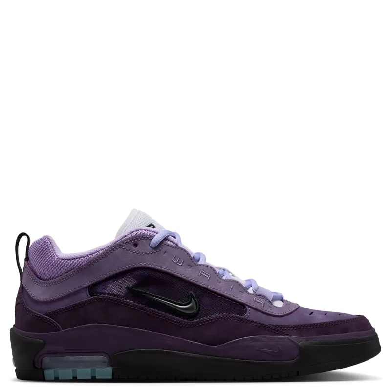 Lateral side view of Nike SB Air Max Ishod in Grand Purple showing Swoosh and cupsole
