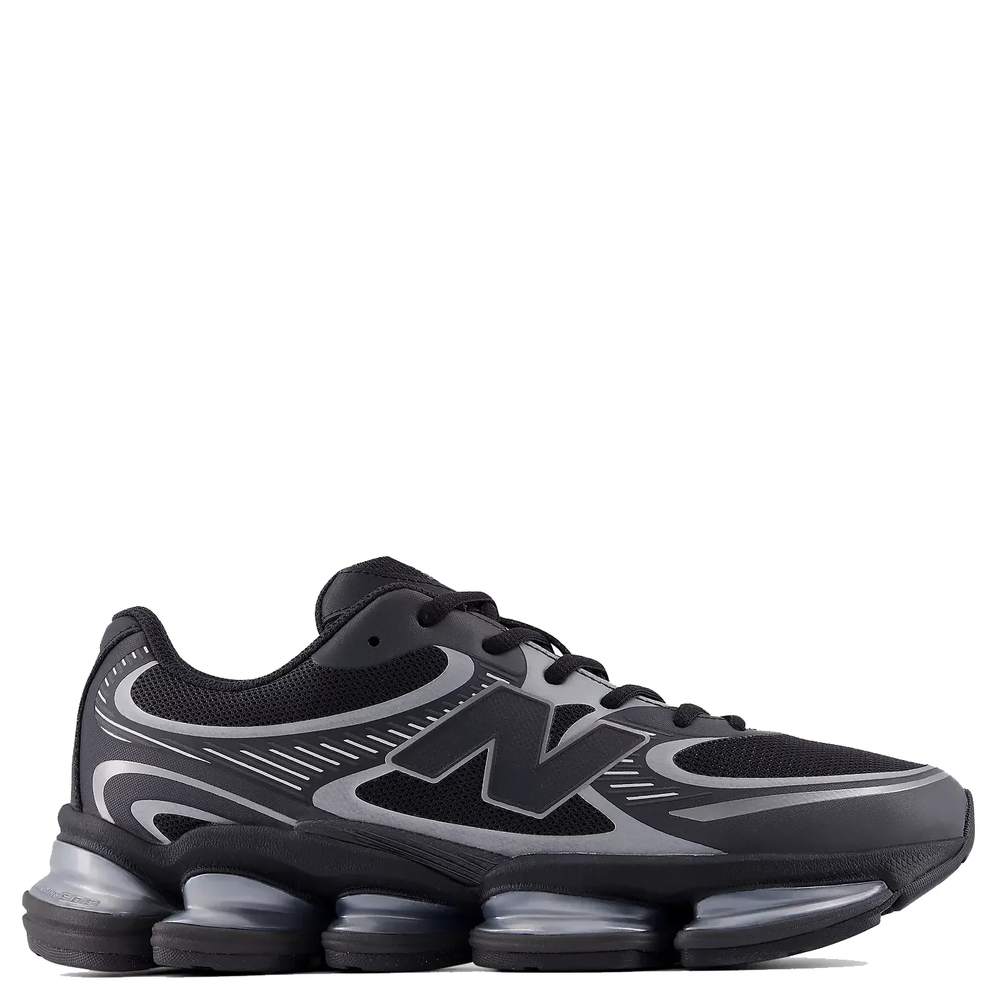 Lateral side view of New Balance ABZORB 2000 sneaker in Black and Silver Metallic
