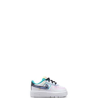 Side profile of toddler Nike Force 1 showcasing playful multicolor graphics with teal collar and classic low-top design
