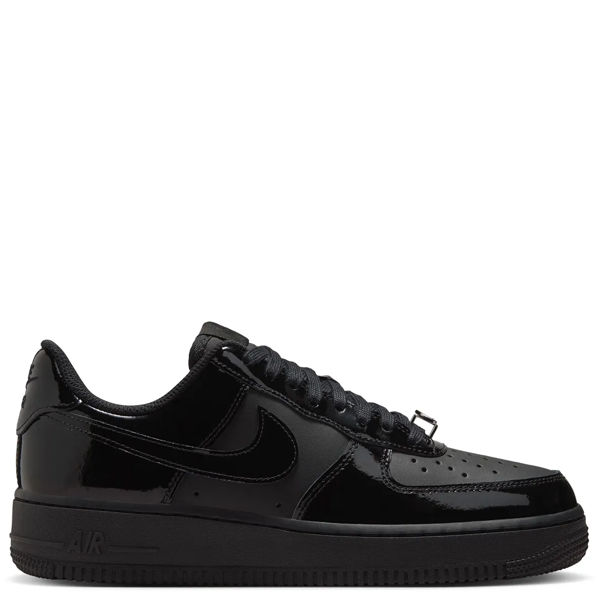 Medial side profile of Nike Air Force 1 ’07 in triple black with patent overlays and clean tonal finish