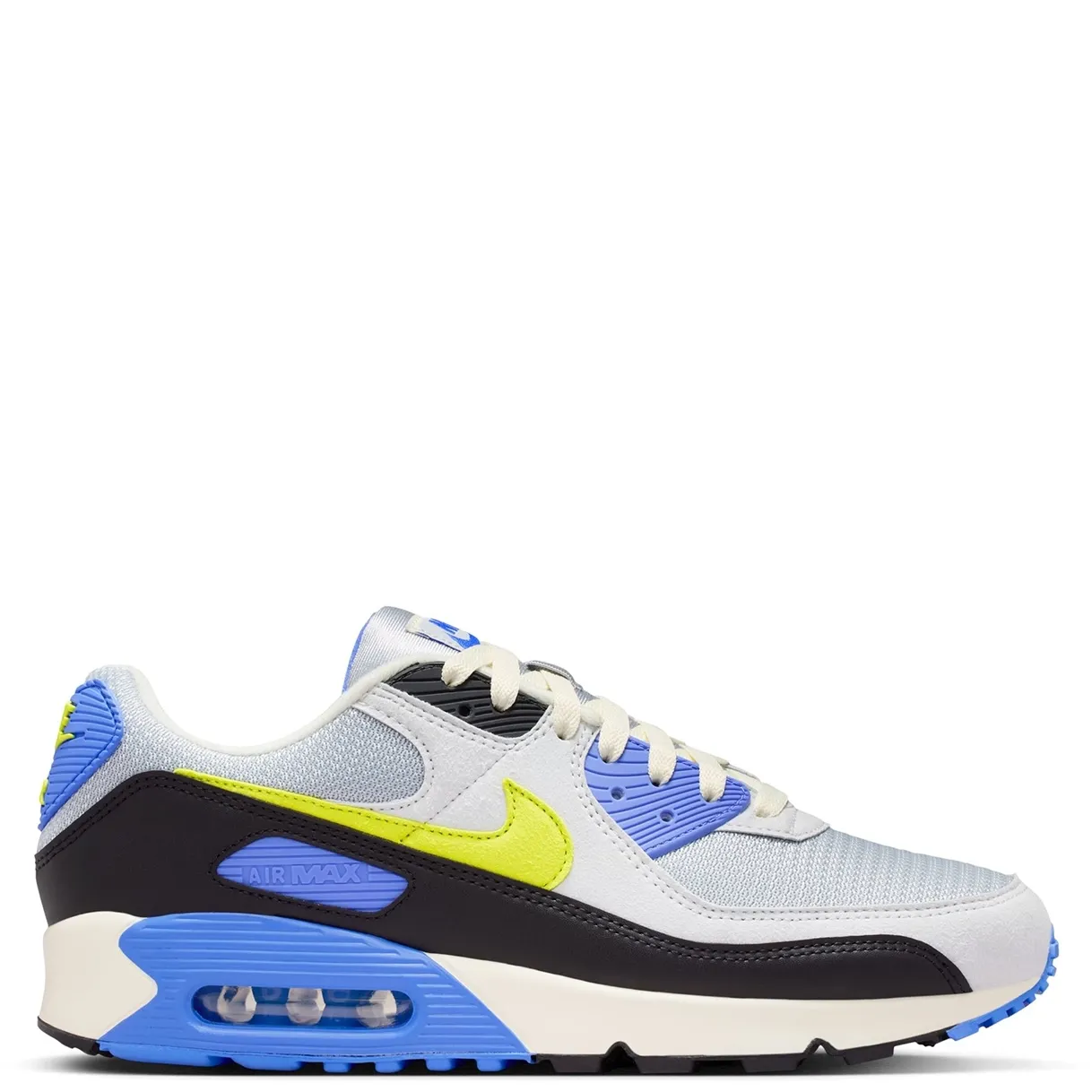 Medial side view of Nike Air Max III in grey and black with blue Air unit and layered panel construction
