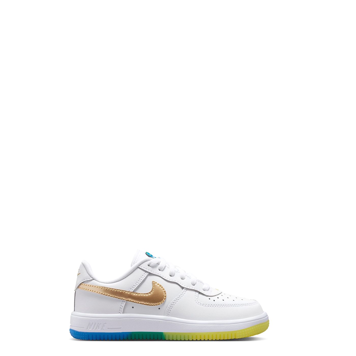 Full side profile emphasizing sleek silhouette, gold Swoosh, and vibrant outsole accents

