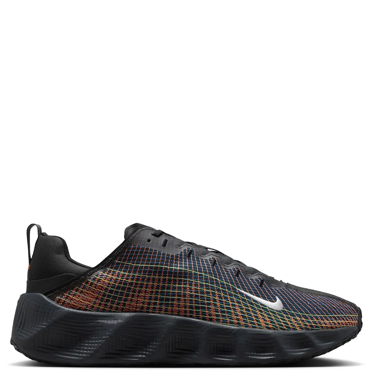 Medial side view with multicolor textile upper, white Swoosh, and textured black midsole