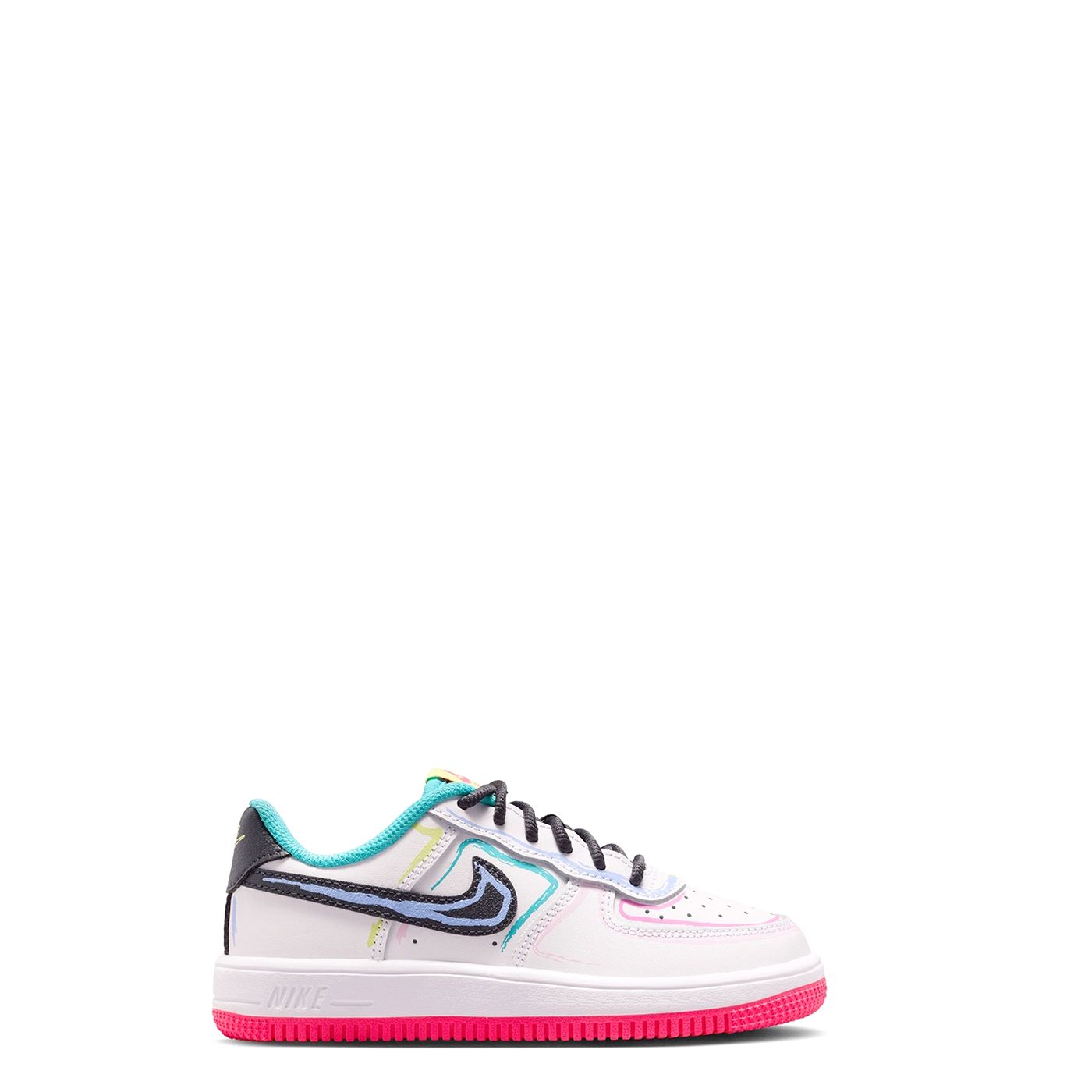 Medial side view with layered panel design, pastel accent lines, and white midsole