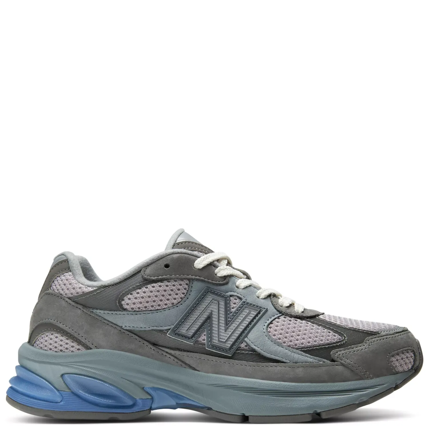 New Balance ABZORB 2010 harbor grey sneaker lateral view with blue midsole accents