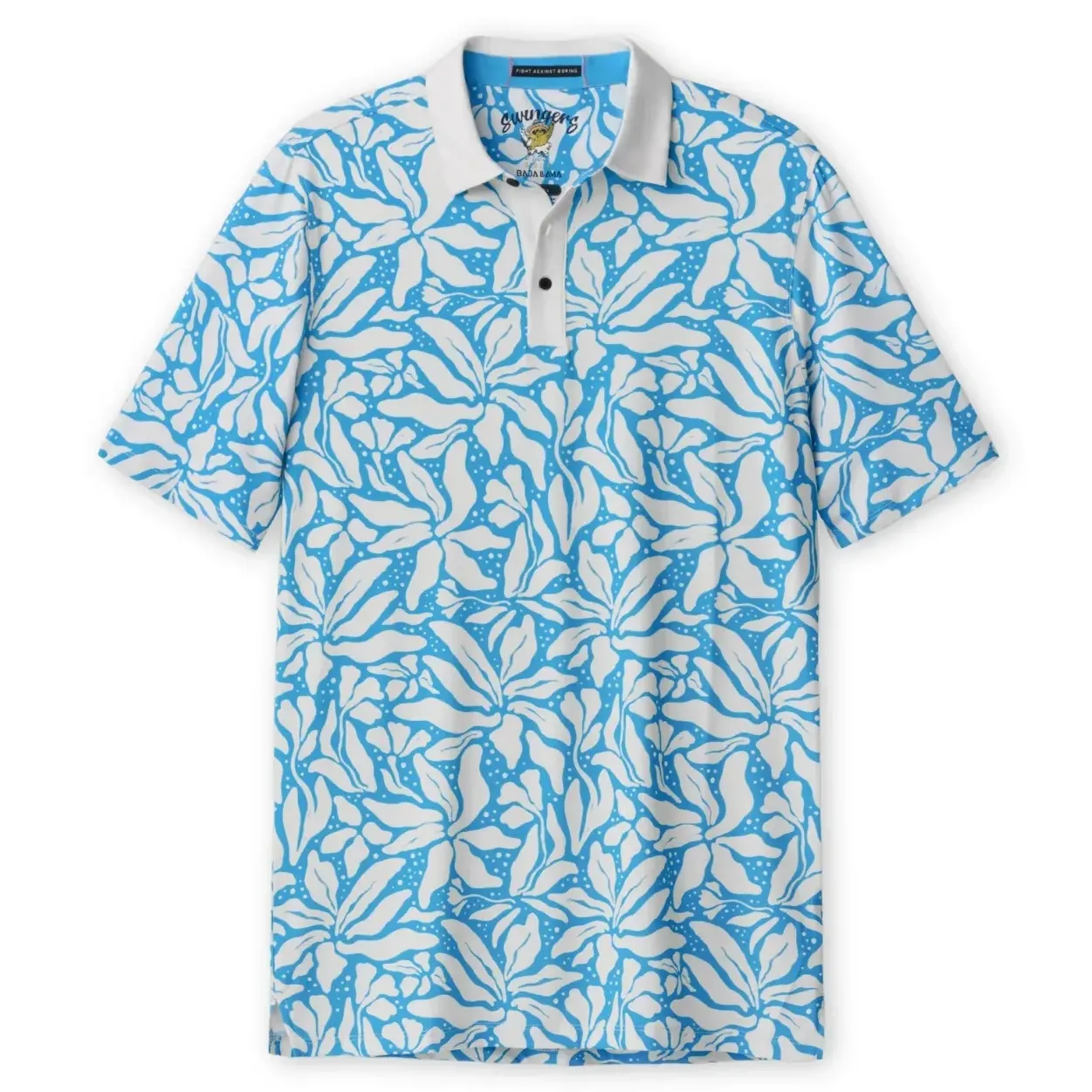 Flat lay image of the Baja Llama Swingers Performance Polo Shirt in Leaf Me Blue