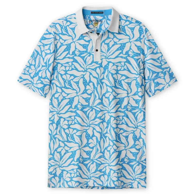 Flat lay image of the Baja Llama Swingers Performance Polo Shirt in Leaf Me Blue