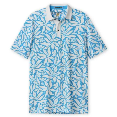 Flat lay image of the Baja Llama Swingers Performance Polo Shirt in Leaf Me Blue