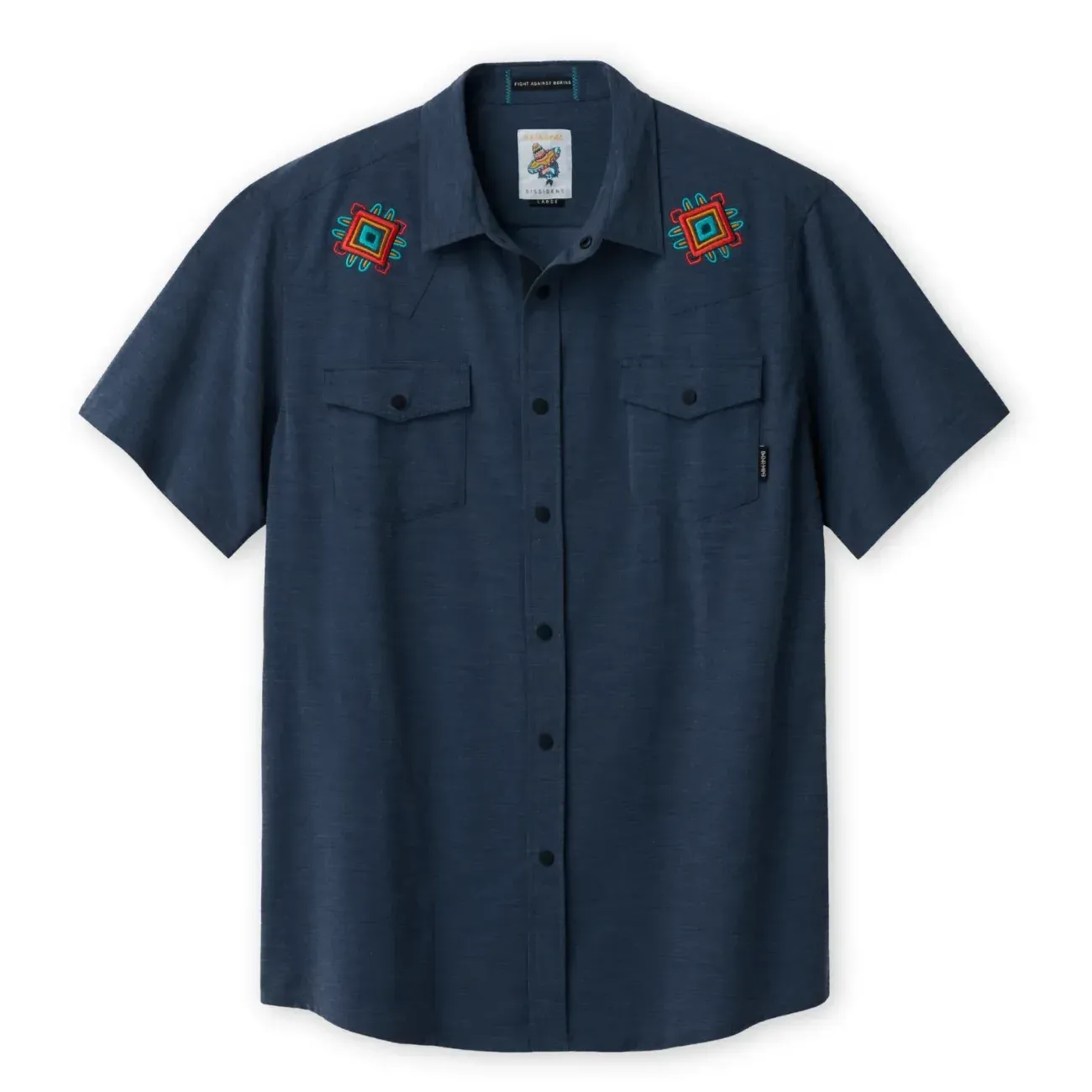 Front laydown of the Baja Llama Dissident Western Front Snap Button Up Shirt with embroidered yoke details.