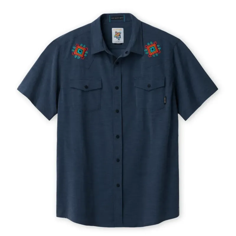 Front laydown of the Baja Llama Dissident Western Front Snap Button Up Shirt with embroidered yoke details.