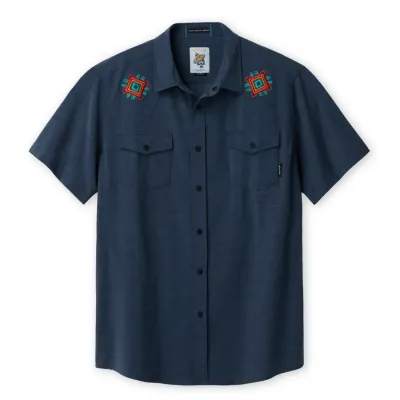 Front laydown of the Baja Llama Dissident Western Front Snap Button Up Shirt with embroidered yoke details.