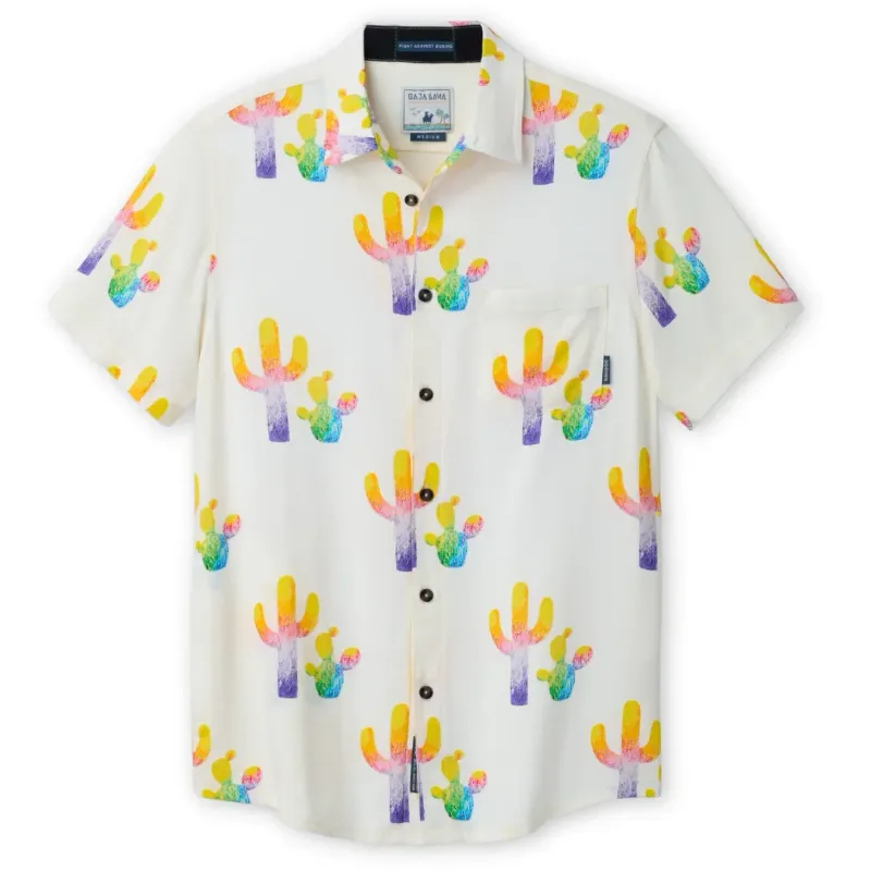 Front laydown of the Baja Llama Colorful Cactus Cream button up shirt.