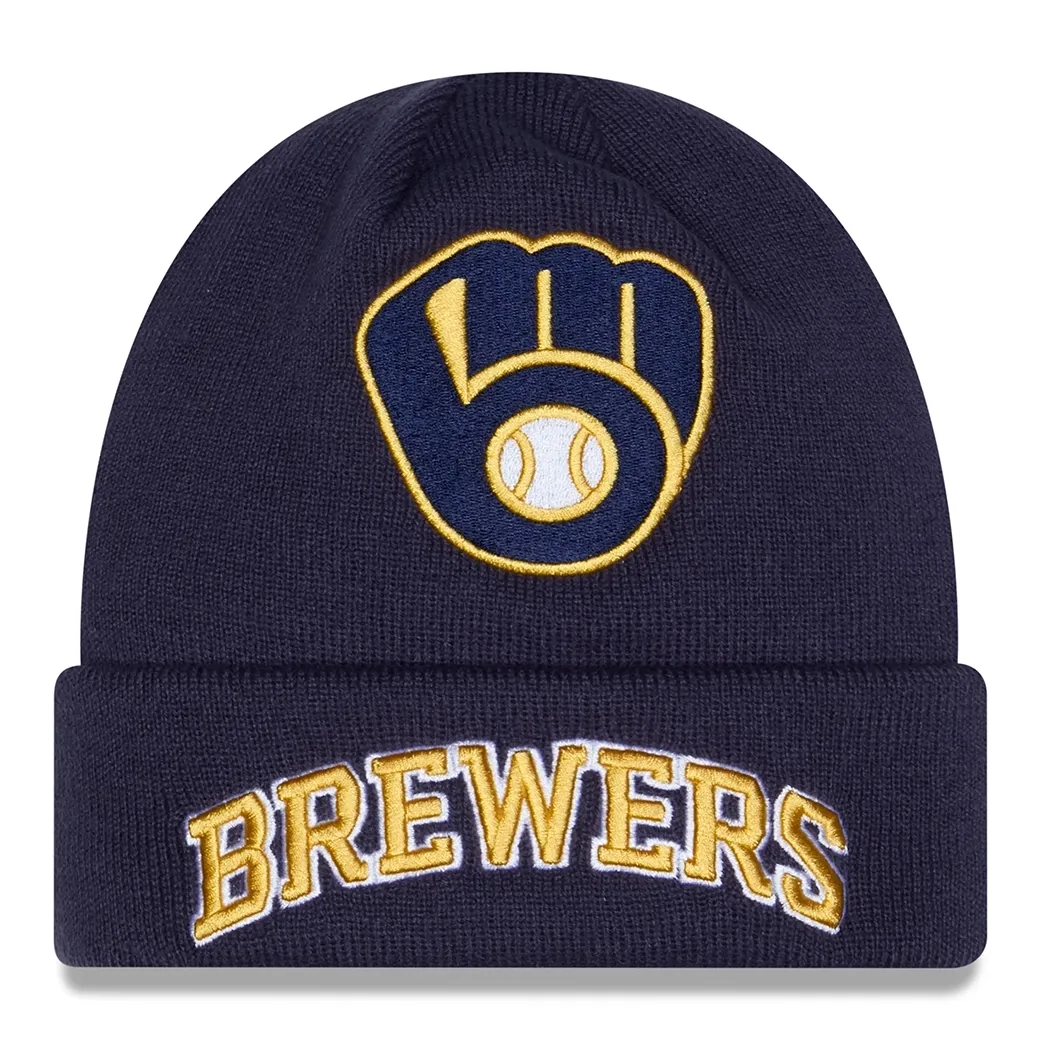 Front view of the New Era Milwaukee Brewers Logo Arch Cuffed Beanie in navy
