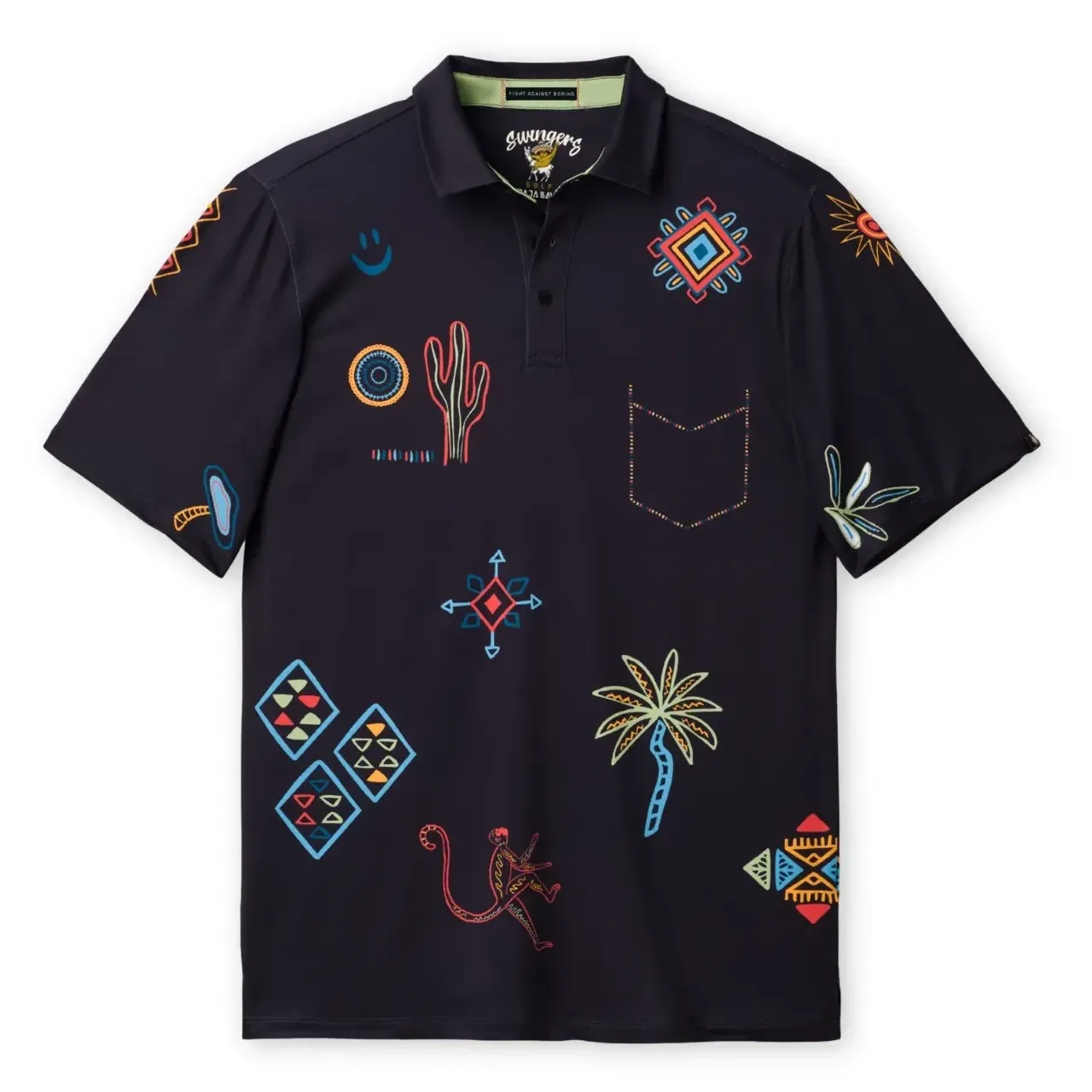 Flat lay front view of the Baja Llama Mirage of Marrakesh performance polo