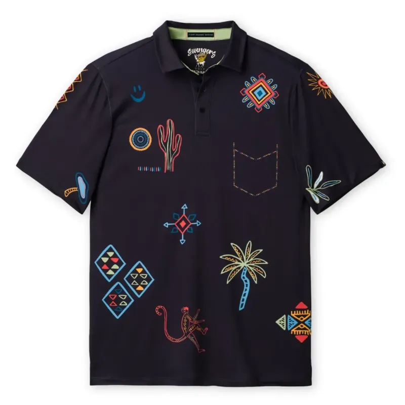 Flat lay front view of the Baja Llama Mirage of Marrakesh performance polo