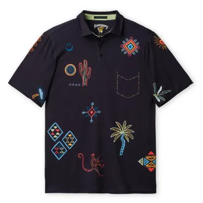 Flat lay front view of the Baja Llama Mirage of Marrakesh performance polo