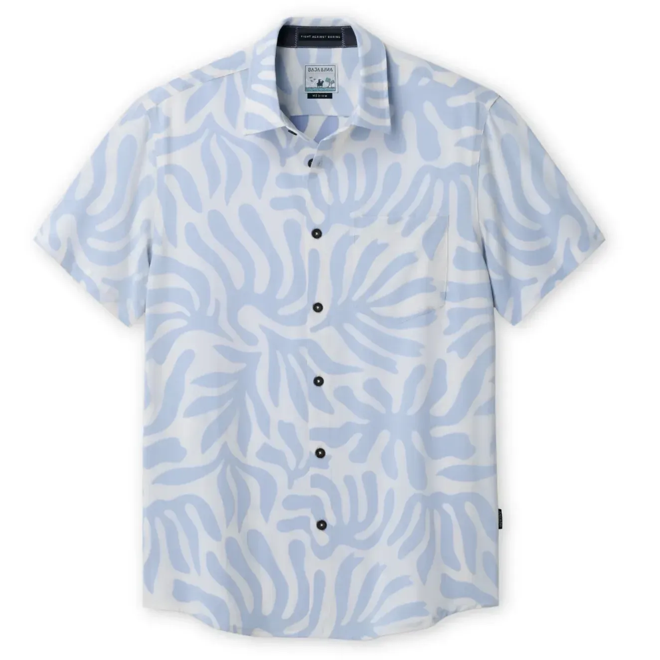 Front laydown of the Baja Llama Vagabond Button Up Shirt in Purple Leafs.