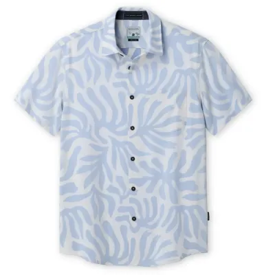 Front laydown of the Baja Llama Vagabond Button Up Shirt in Purple Leafs.
