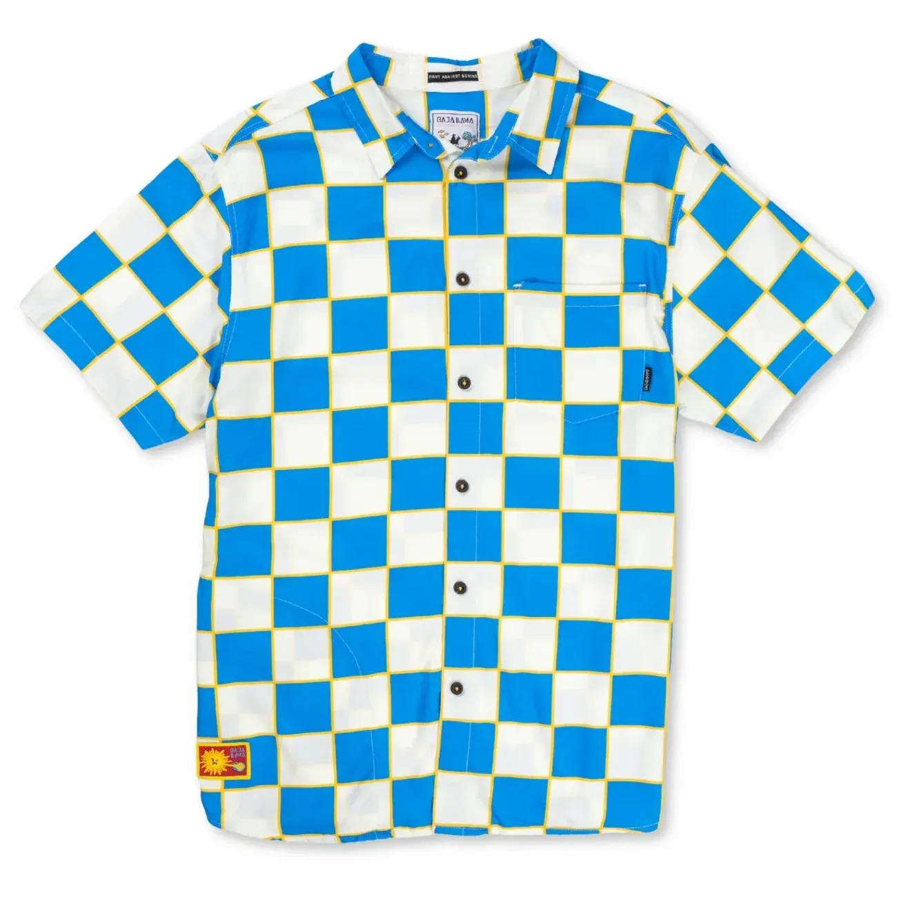 Front laydown of the Baja Llama Nighthawk Button Up Shirt in Check Out The Sun Blue checkerboard print.