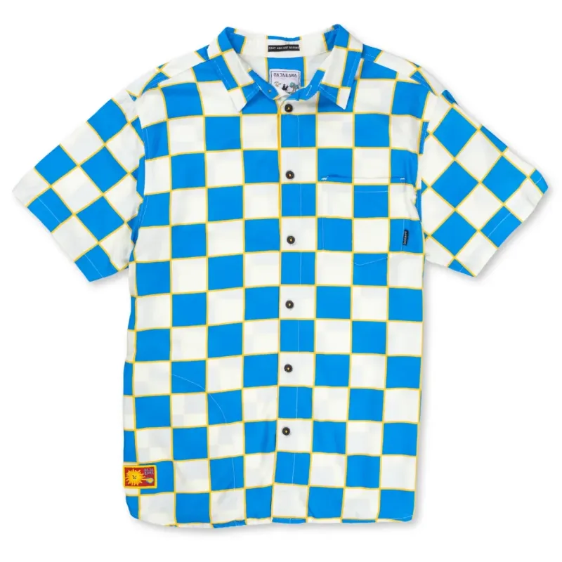 Front laydown of the Baja Llama Nighthawk Button Up Shirt in Check Out The Sun Blue checkerboard print.