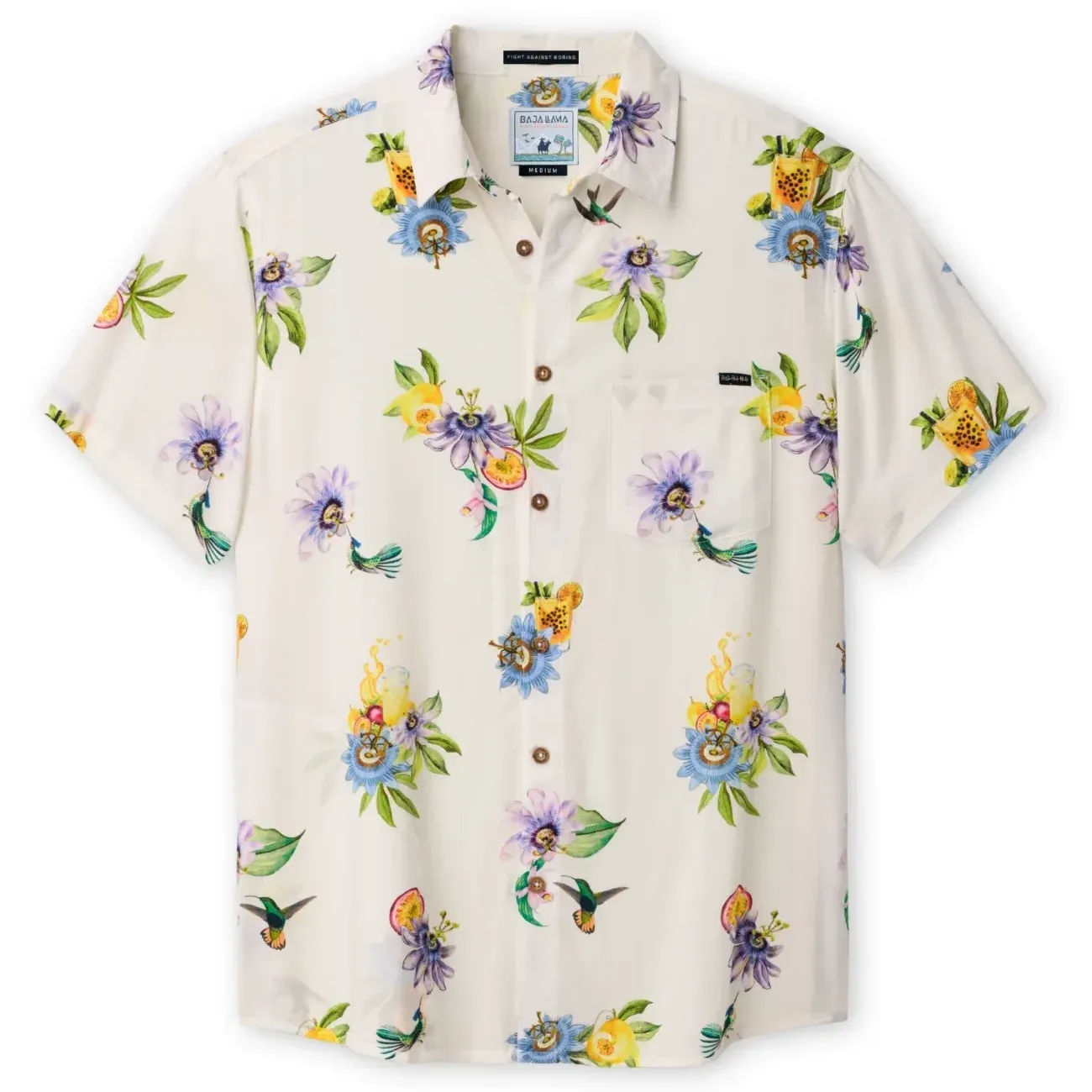 Front laydown of the Baja Llama Nighthawk Button Up Shirt in Passion Project print.